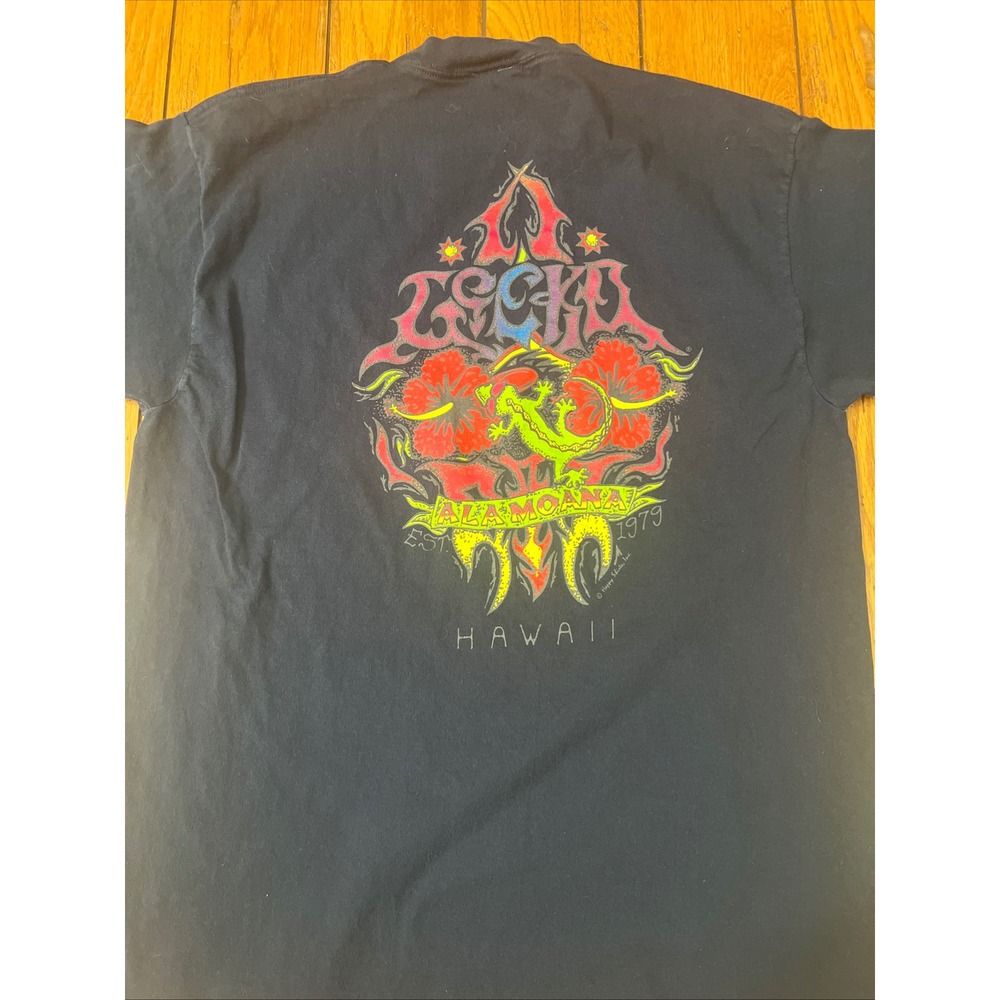 Vintage Gecko Hawaii Ala Moana T-Shirt Black XL Neon Graphic Surf 1979 Mens